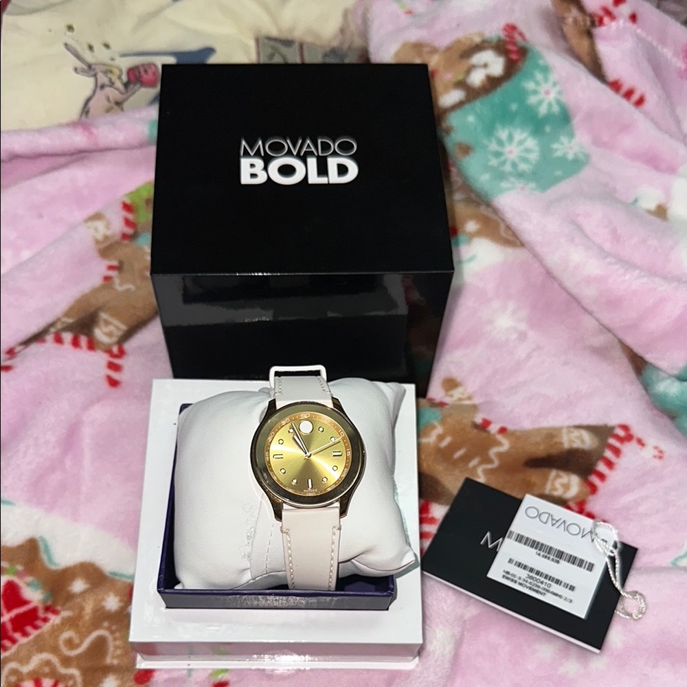 Movado Bold Gold Dial with White Strap